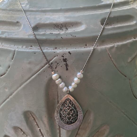 PAZ Sterling Silver & Freshwater Pearl Hammered & Scrolling Necklace in Israel - Picture 6 of 12